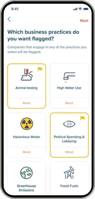 UI do aplicativo IMPACT exibindo práticas comerciais questionáveis